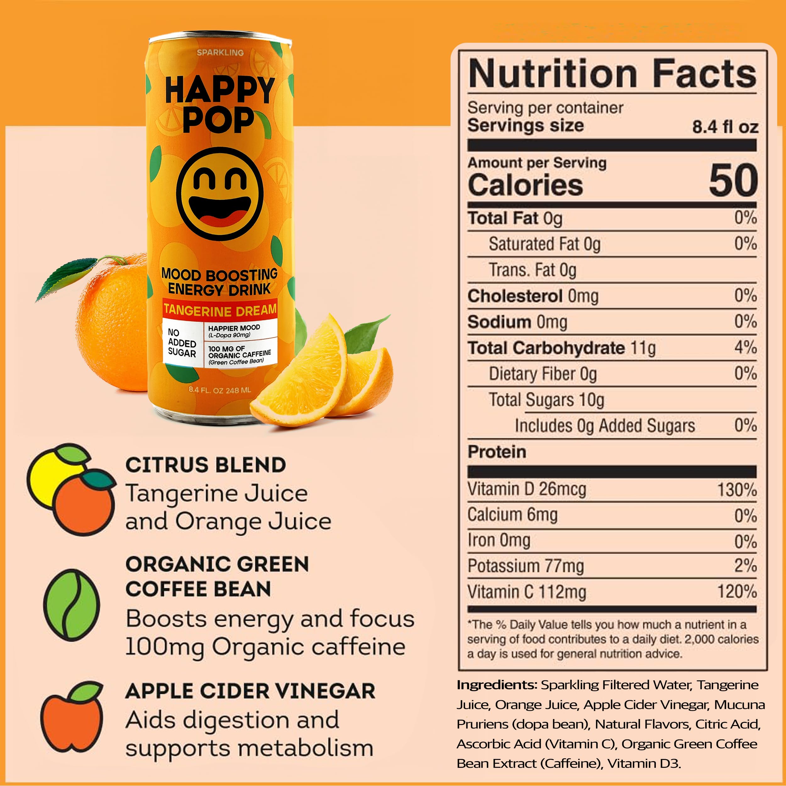 HAPPY POP! 100Mg Caffeine – Tangerine Dream Energy Drinks Mood Boosting Drink