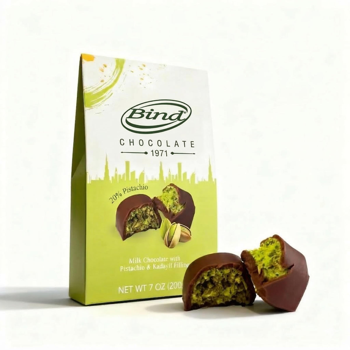 Bind Authentic Dubai Chocolate Bites - Premium Milk Chocolate with 20% Pistachio & Crispy Kadayif Kunafa Filling - Gourmet Middle Eastern Treat, 7 oz (200g)