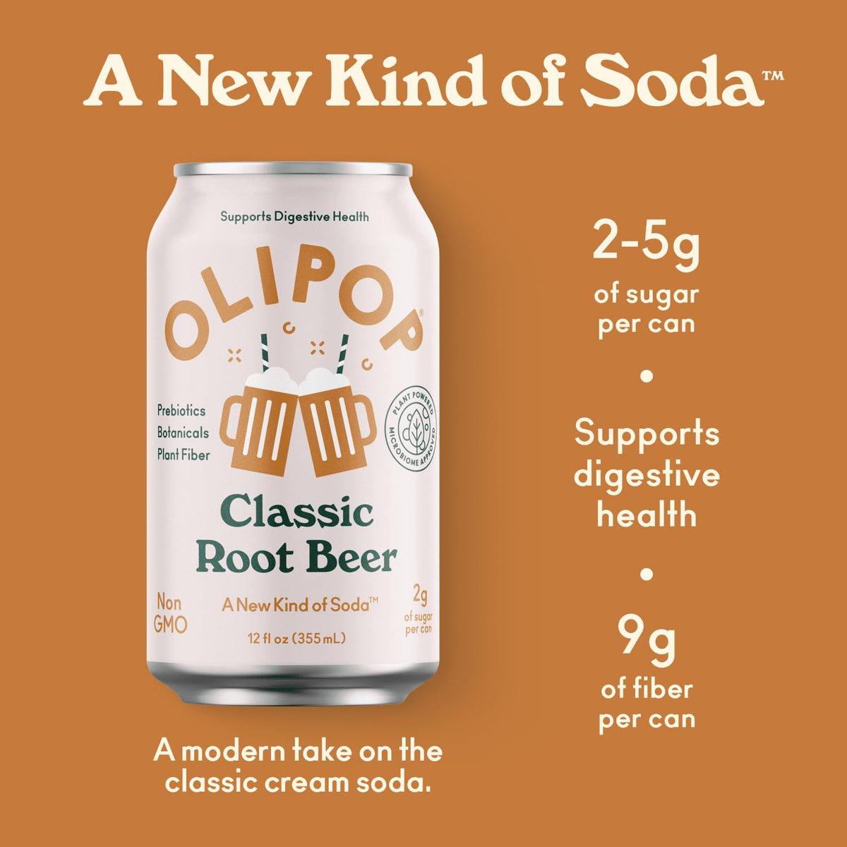 OLIPOP - Classic Root Beer Sparkling Tonic, Healthy Soda, Prebiotic Soft Drink, Aids Digestive Health, Contains Prebiotics & 9g of Plant Fiber, Caffeine Free, Low Calorie, Low Sugar (12 oz, 4-Pack)