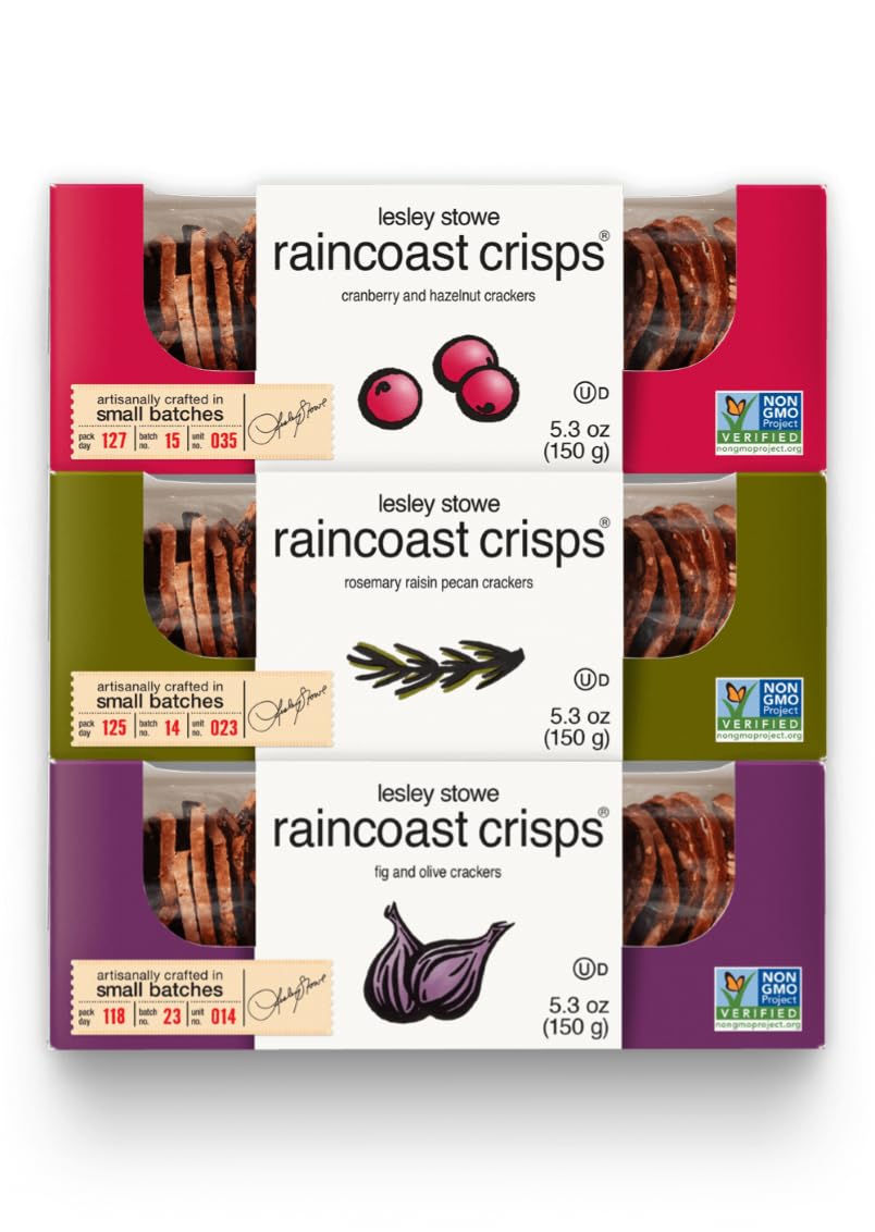 Lesley Stowe Raincoast Crisps Variety Pack, Hazelnut Cranberry, Rosemary Raisin Pecan & Fig and Olive, 5.3 oz (Pack of 3)