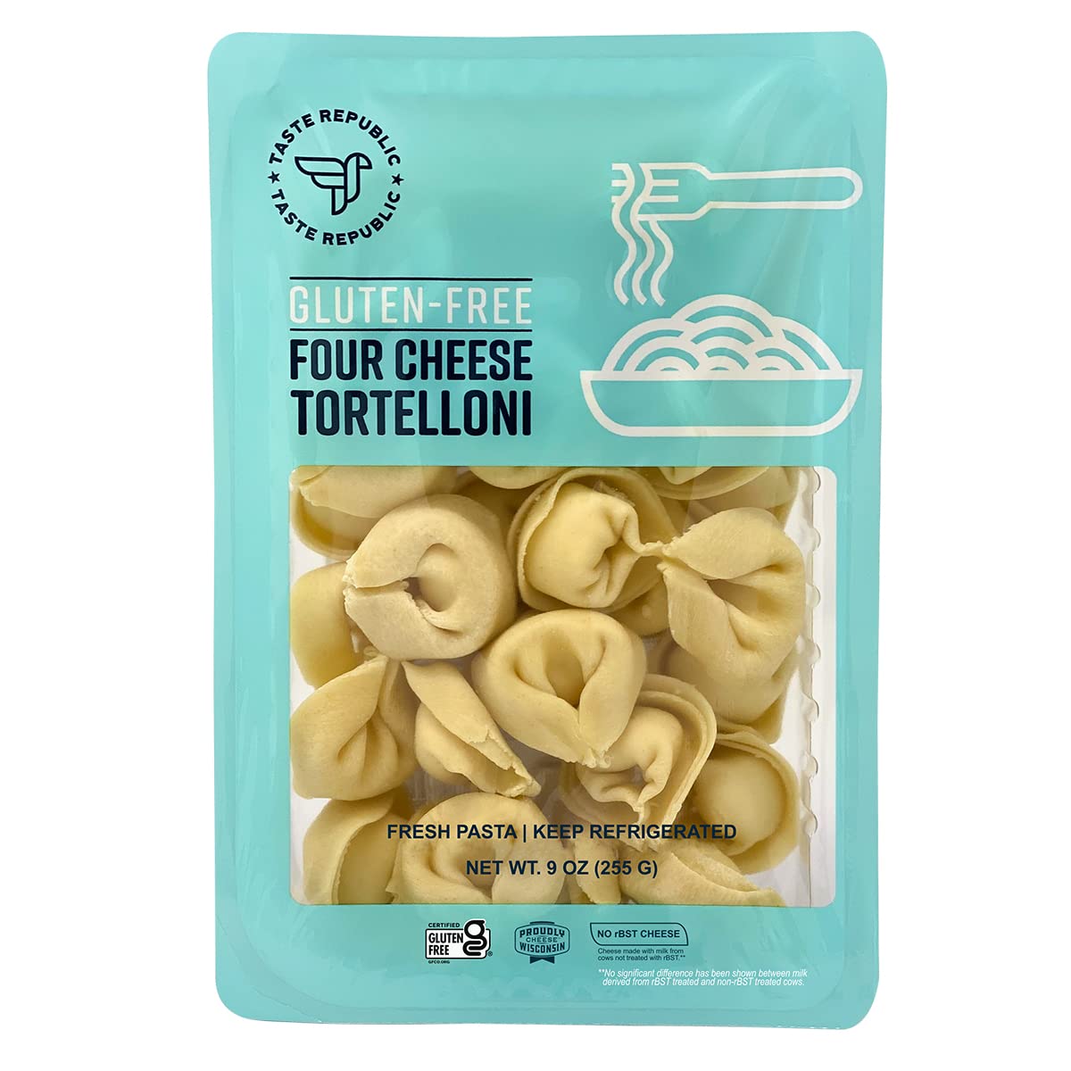 Gluten-Free Tortelloni, Four Cheese Stuffed Fresh Pasta, Cooks in Just 3 Minutes, Taste Republic, Frozen, 9oz (Pack of 6)