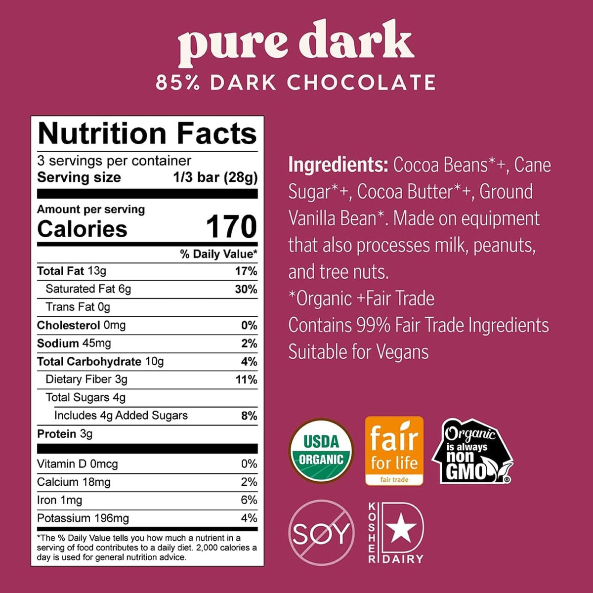 Theo Chocolate Organic Dark Chocolate Bar, 85% Cacao