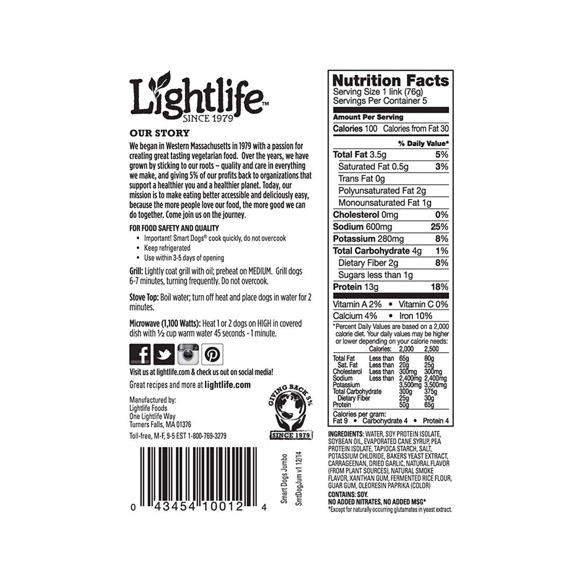 Lightlife Smart Dogs Jumbo Veggie Hot Dogs, 13.5 oz (Pack of 2, 10 Hot Dogs Total)
