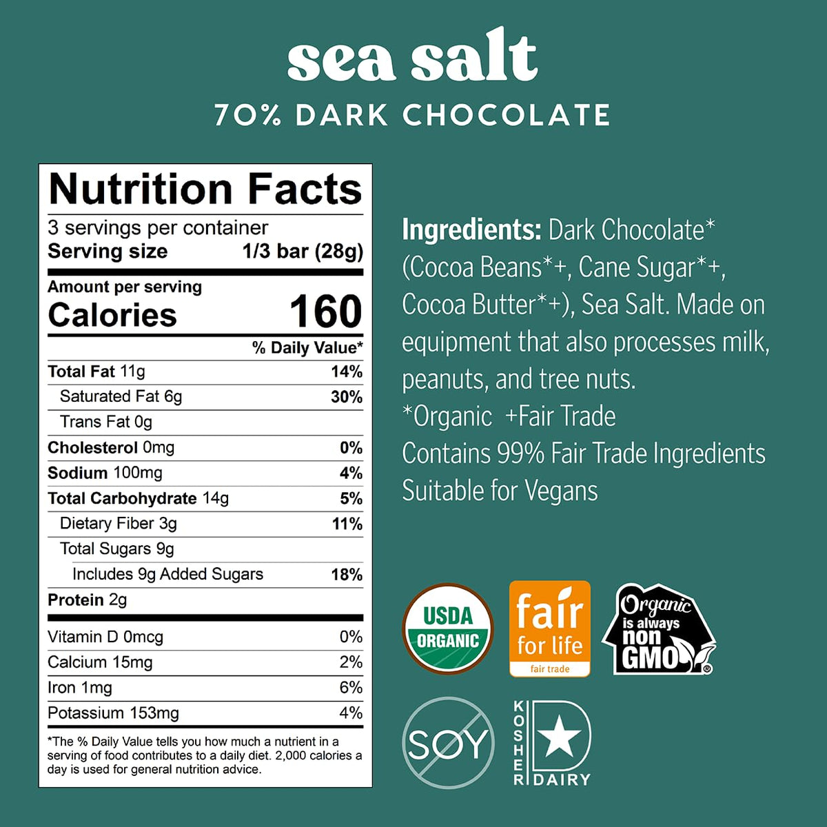 Theo Chocolate Sea Salt Organic Dark Chocolate Bar, 70% Cacao
