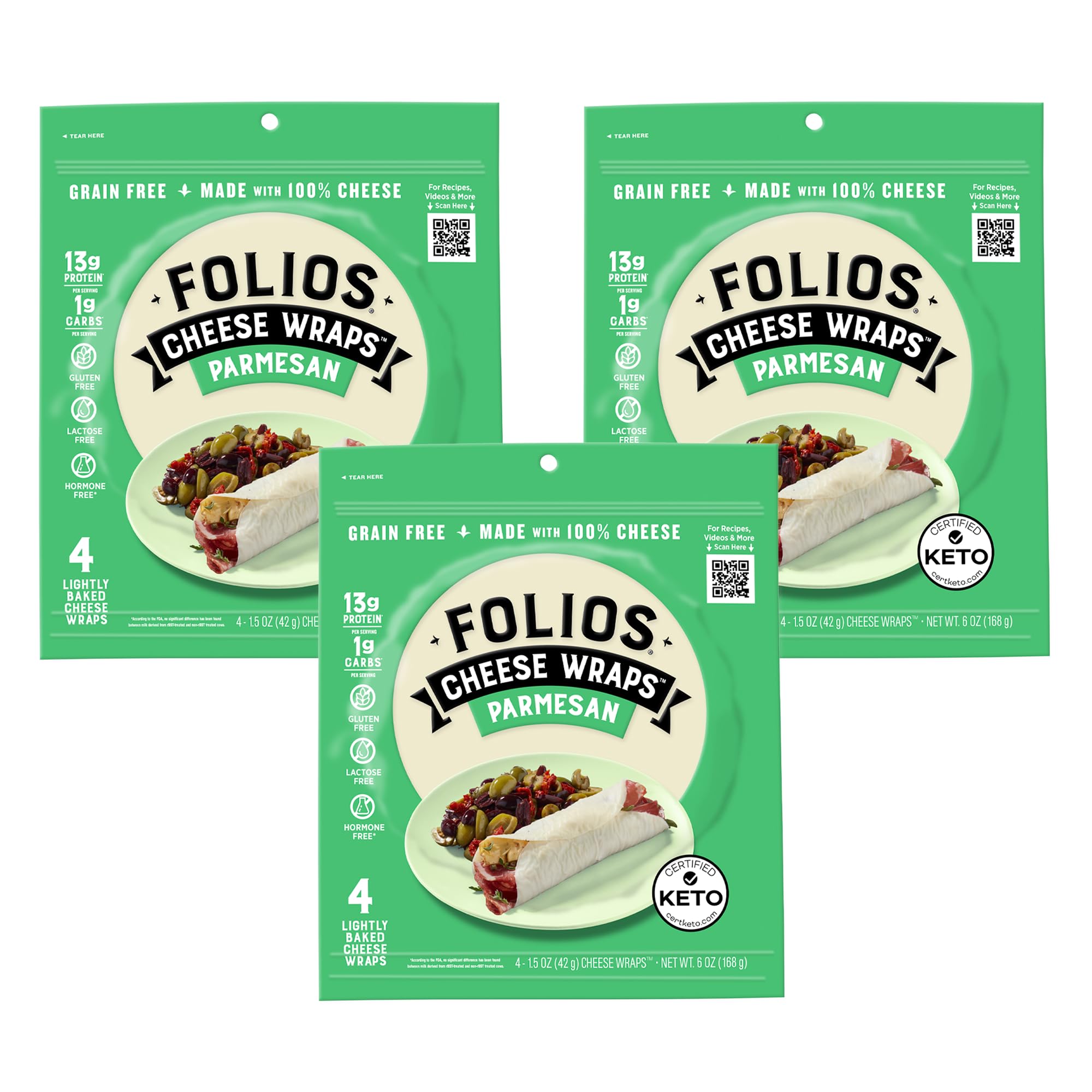 Folios Parmesan Cheese Wraps, All Natural, 1g Net Carbs (Pack of 3)