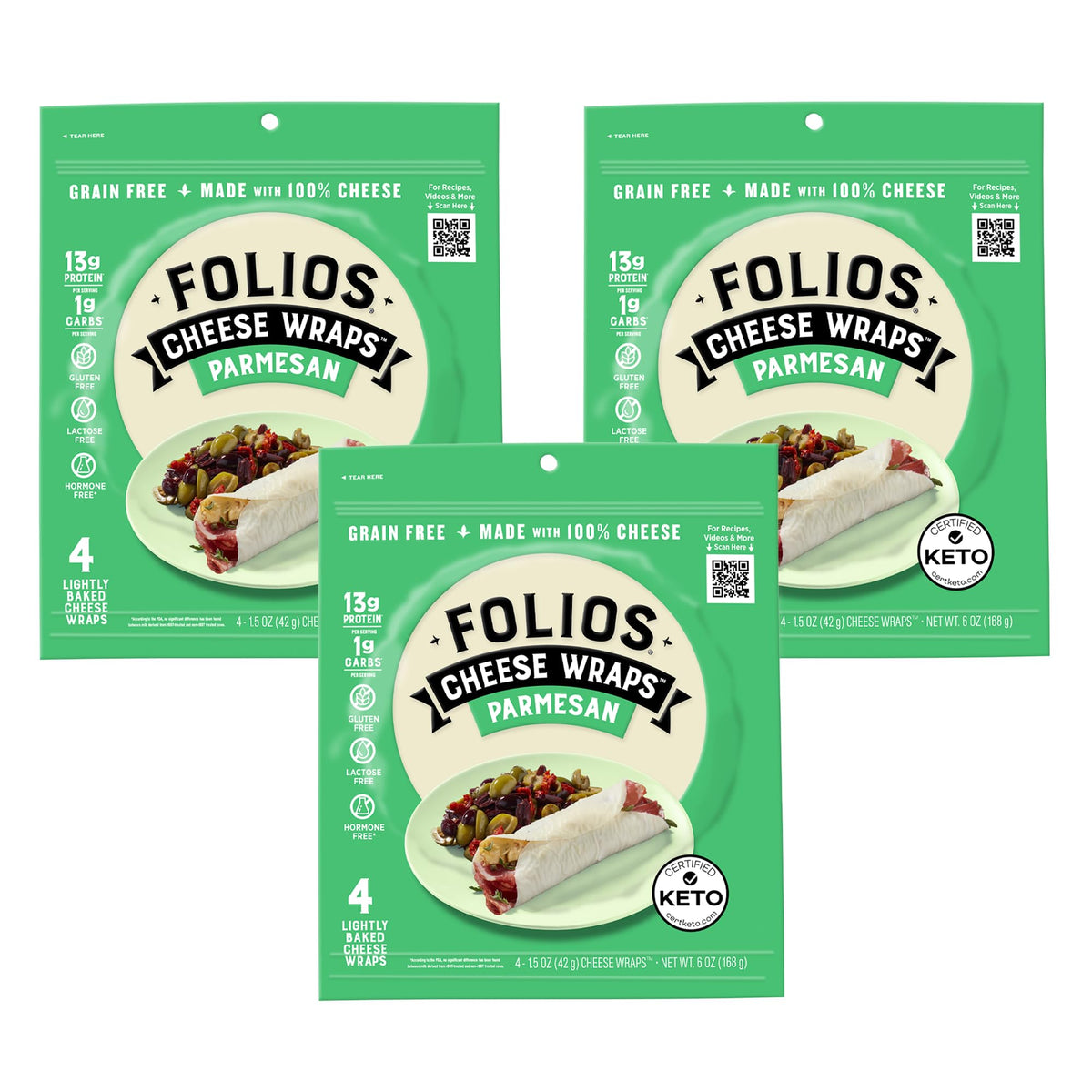 Folios Parmesan Cheese Wraps, All Natural, 1g Net Carbs (Pack of 3)