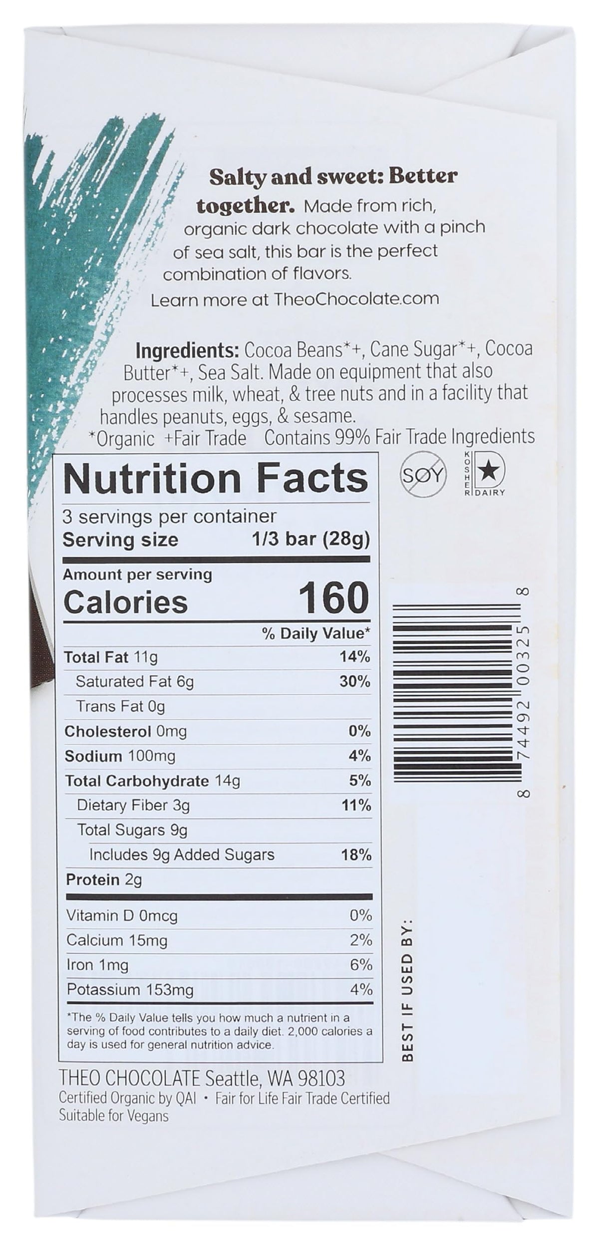 Theo Chocolate Sea Salt Organic Dark Chocolate Bar, 70% Cacao