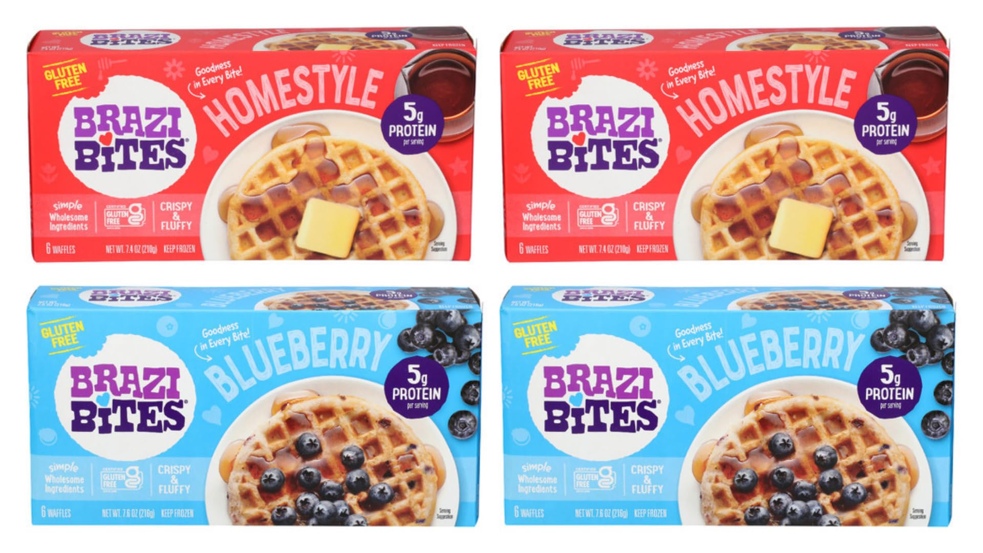 Brazi Bites Homestyle & Blueberry Waffles Bundle, 7.4 oz & 7.6 oz (Pack of 2 Each)