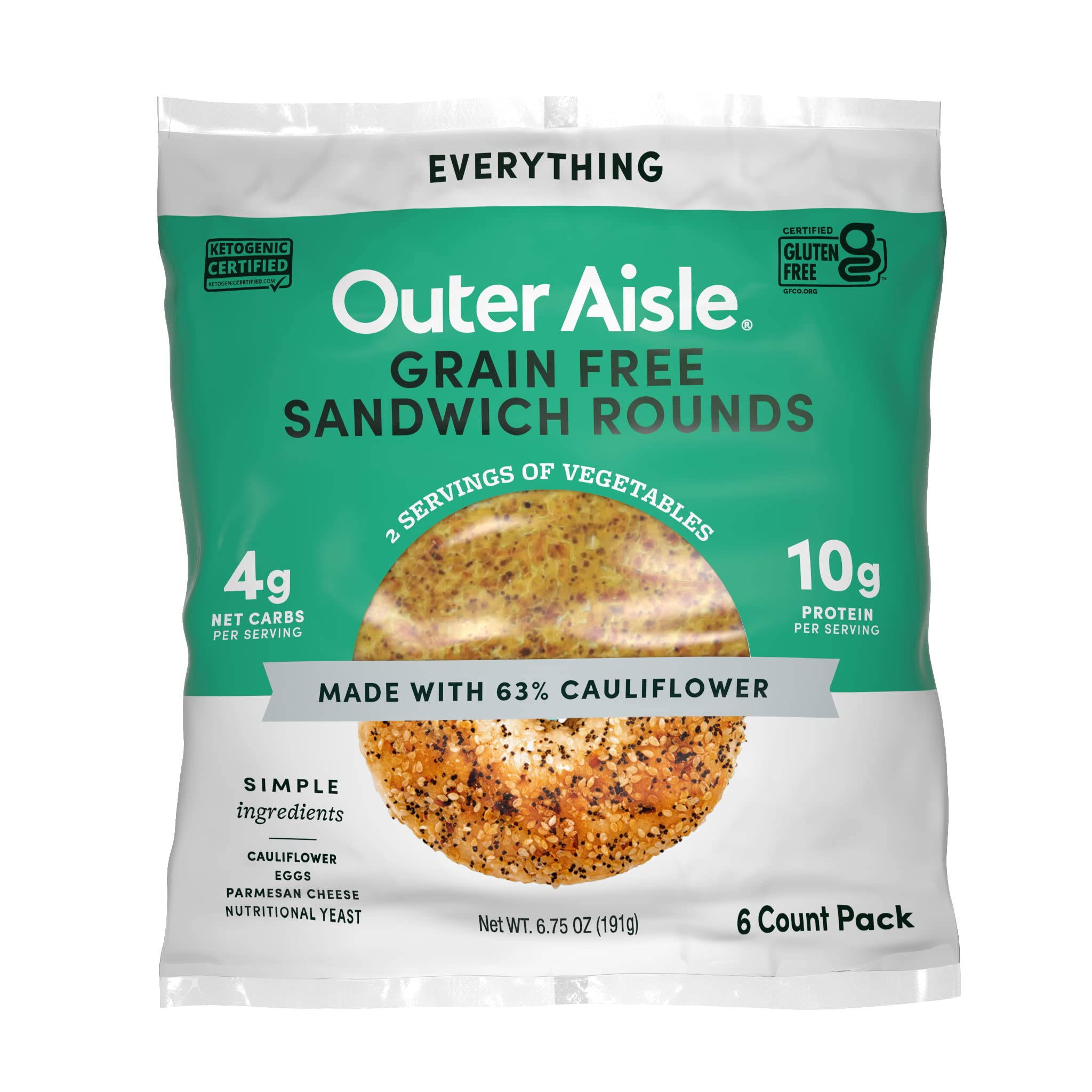 Outer Aisle Gourmet Cauliflower Sandwich Rounds, Keto, Gluten-Free, Low-Carb (Pack of 5, 30 Pieces)