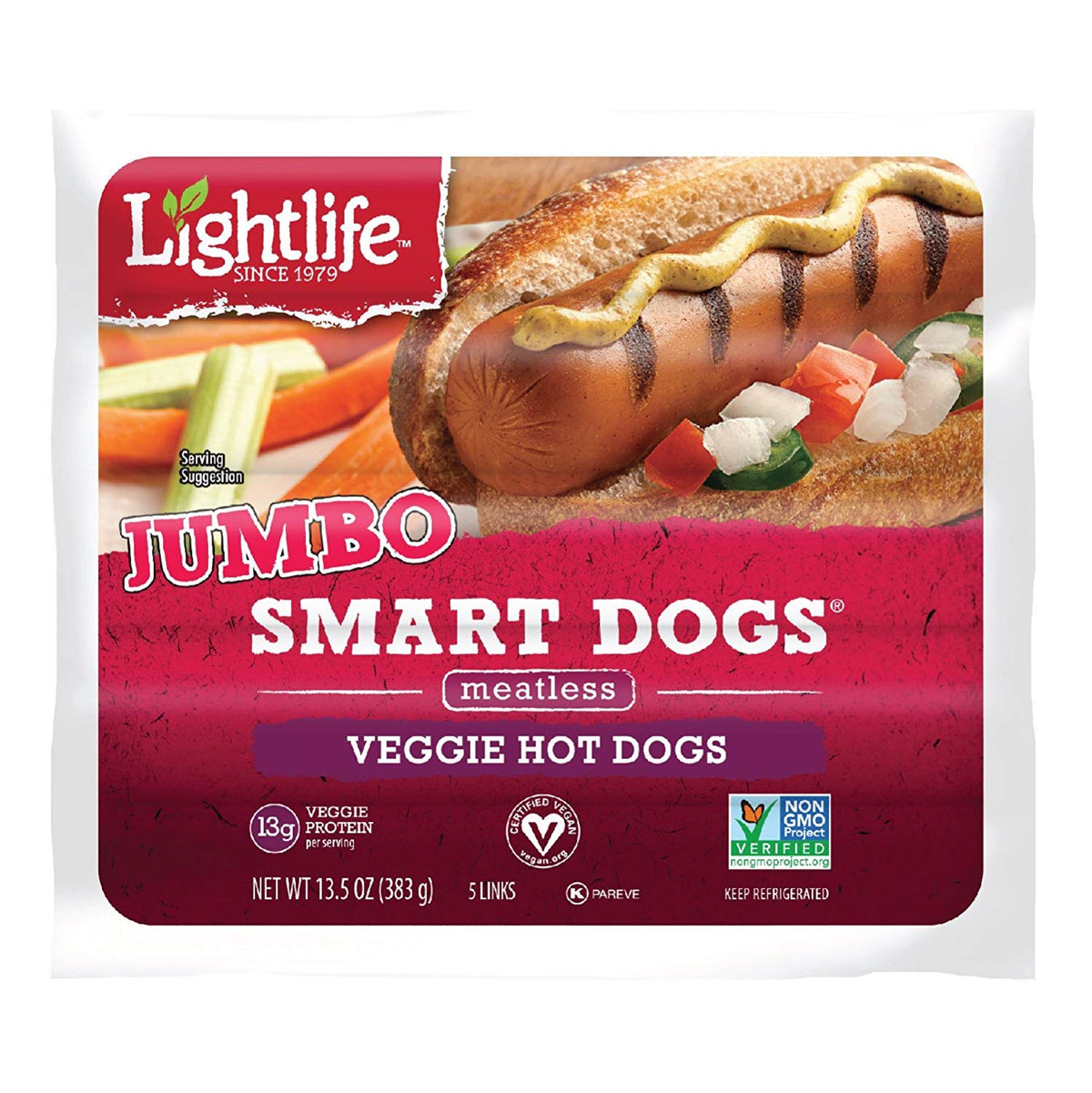 Lightlife Smart Dogs Jumbo Veggie Hot Dogs, 13.5 oz (Pack of 2, 10 Hot Dogs Total)
