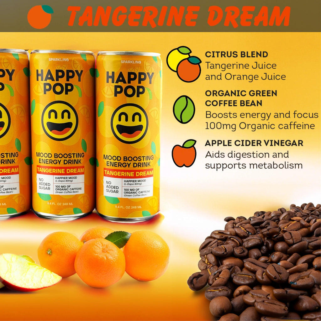 HAPPY POP! 100Mg Caffeine – Tangerine Dream Energy Drinks Mood Boosting Drink