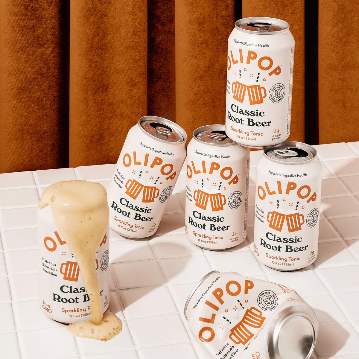 OLIPOP - Classic Root Beer Sparkling Tonic, Healthy Soda, Prebiotic Soft Drink, Aids Digestive Health, Contains Prebiotics & 9g of Plant Fiber, Caffeine Free, Low Calorie, Low Sugar (12 oz, 4-Pack)