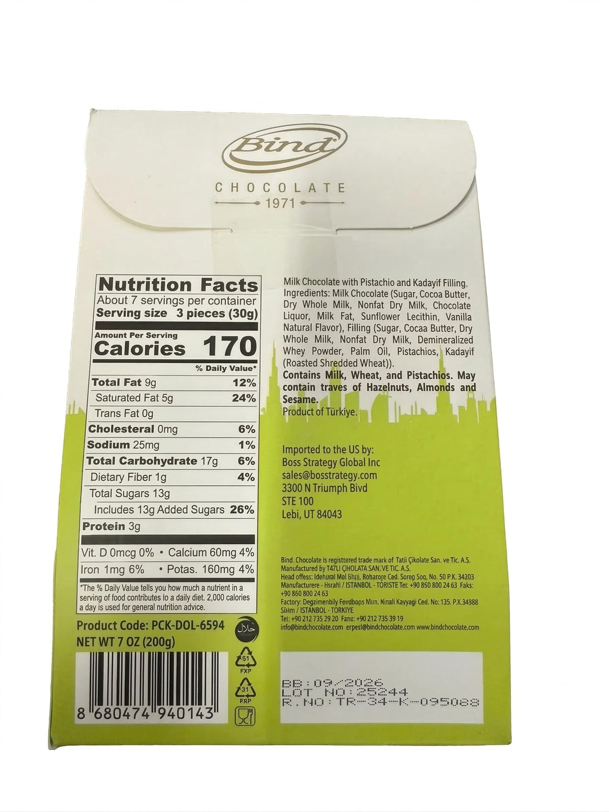 Bind Authentic Dubai Chocolate Bites - Premium Milk Chocolate with 20% Pistachio & Crispy Kadayif Kunafa Filling - Gourmet Middle Eastern Treat, 7 oz (200g)