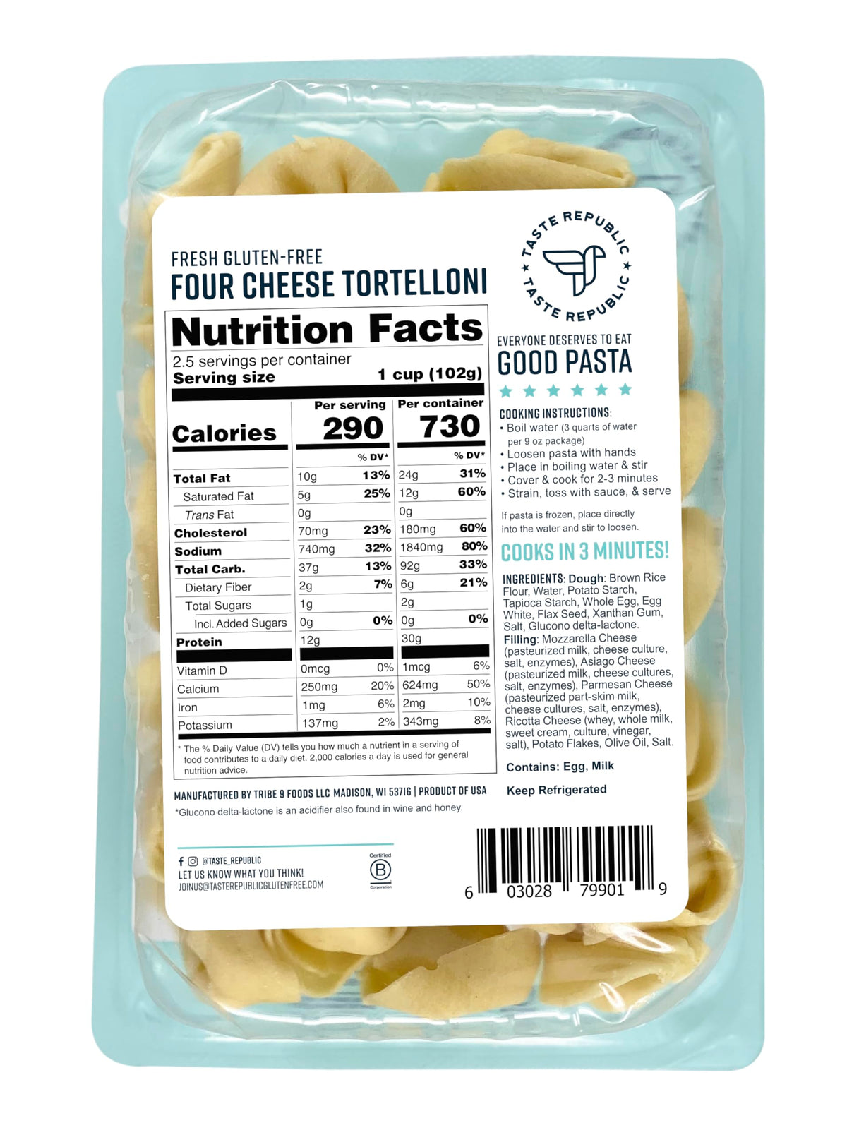 Gluten-Free Tortelloni, Four Cheese Stuffed Fresh Pasta, Cooks in Just 3 Minutes, Taste Republic, Frozen, 9oz (Pack of 6)