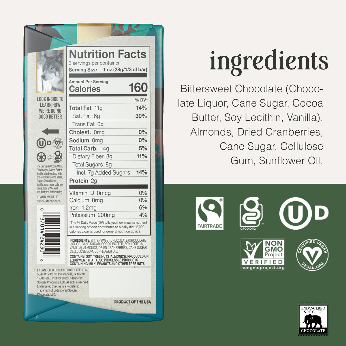 Endangered Species Dark Chocolate Bar with Sea Salt & Almonds, 72% Cocoa