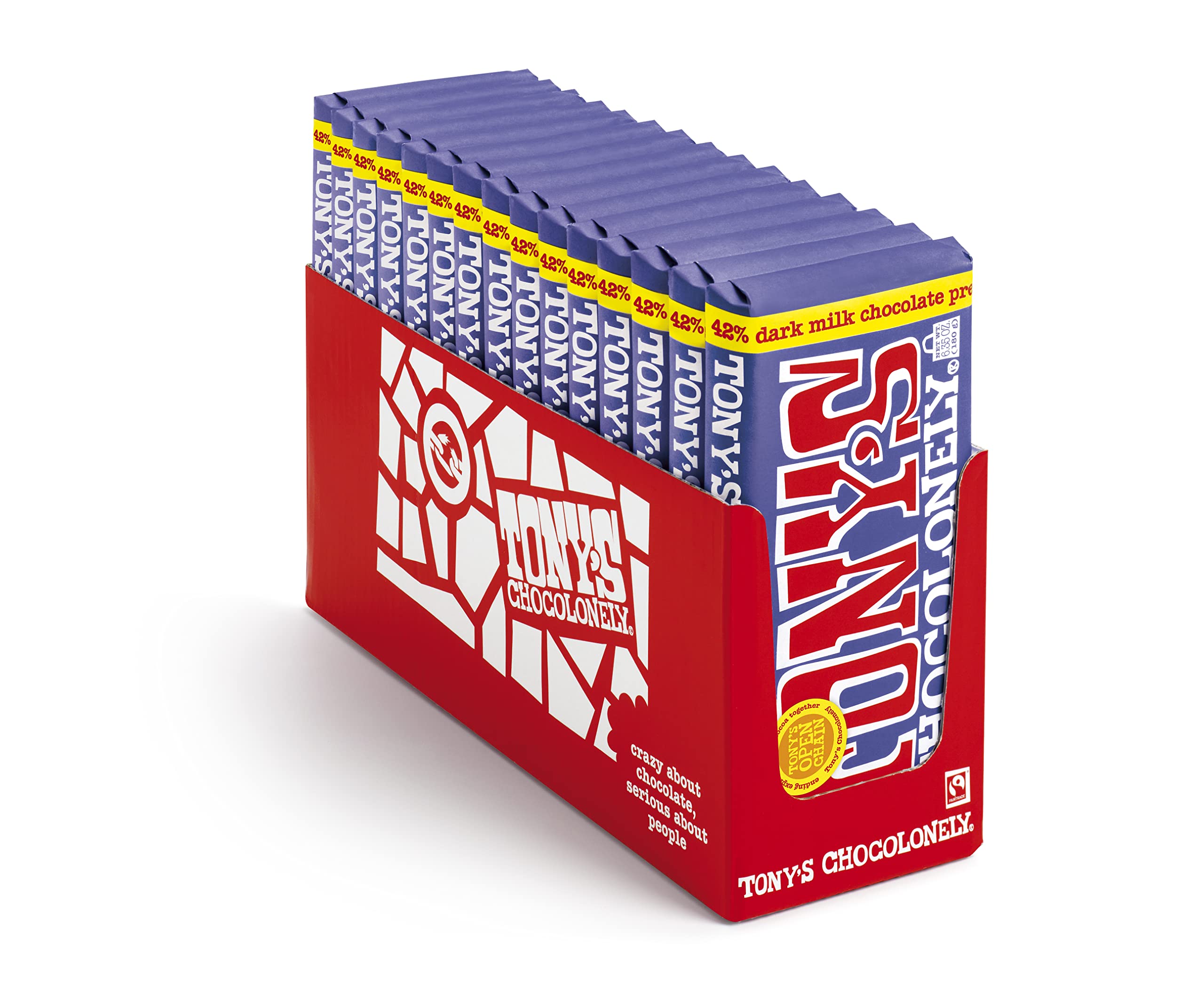 Tony's Chocolonely 42% Dark Milk Chocolate Bar with Pretzel & Toffee (Pack of 15)